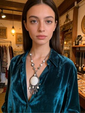 Handcrafted Silver & White Pendant Necklace - Women Jewelry